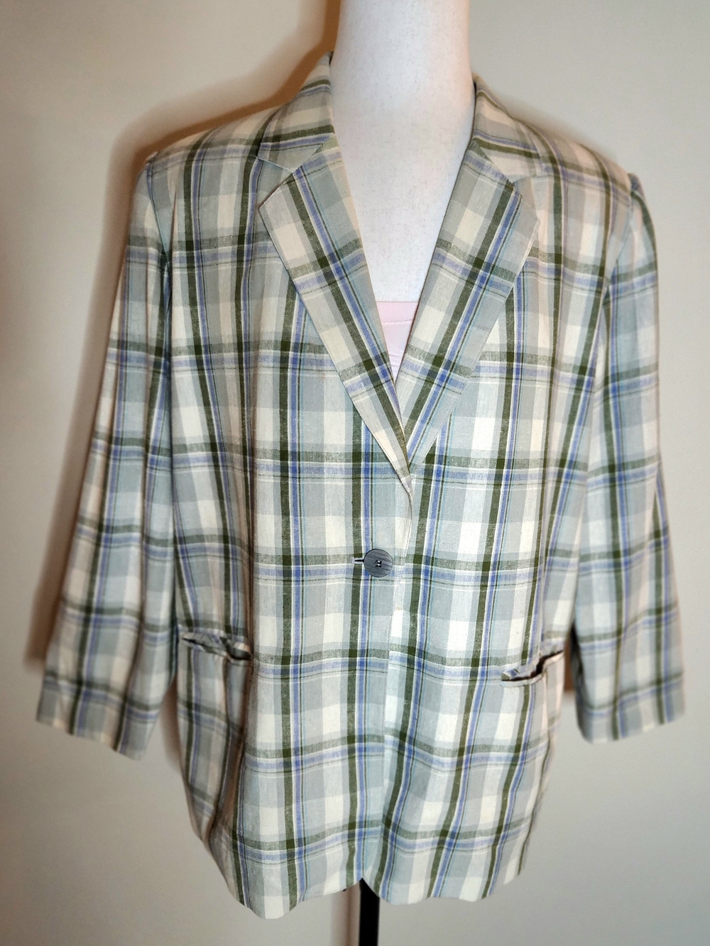 Requirements Plaid Blazer Jacket Womens 20W Plus Size Green Blue Ivory Linen